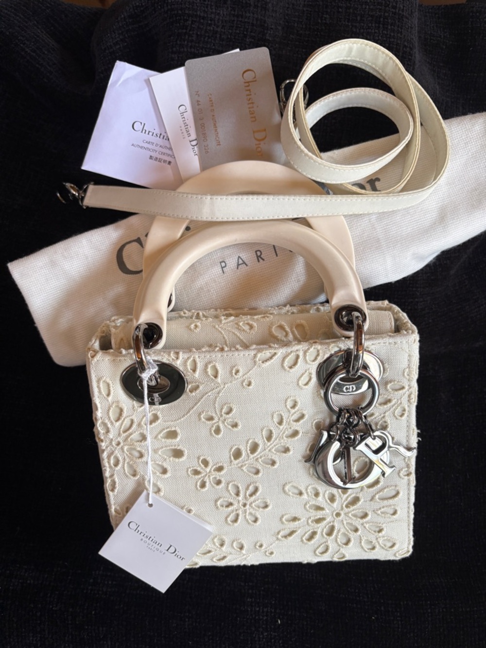 Dior White Floral Embroidered Mini Lady Dior Satchel with Detachable Strap